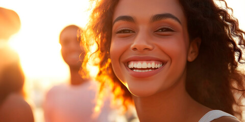 Wall Mural - An African American woman with a big smile on her face on the beach at sunset