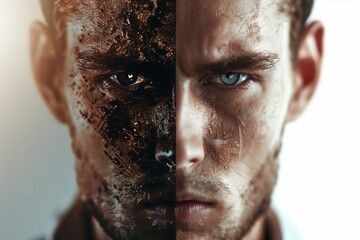 Poster - A close-up shot of a person's dirty face, possibly after outdoor activities or accidents