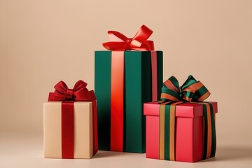 Poster - Brightly colored geometric gift boxes are elegantly tied with ribbons, enhancing the festive atmosphere of the holiday season. Generative AI