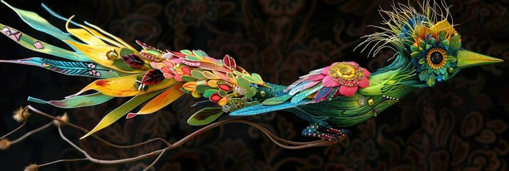 Poster - delicate paper mache bird artfully designed to showcase nature's playful beauty, embellished with vi
