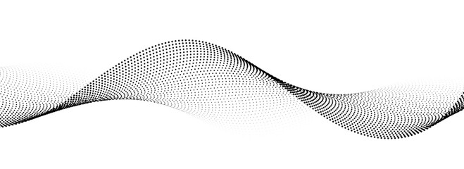 Poster - Dotted wavy line background. Black halftone undulate pattern. Curved dashed gradient design element for poser, banner, presentation, booklet. Abstract flowing particle wave wallpaper. Vector
