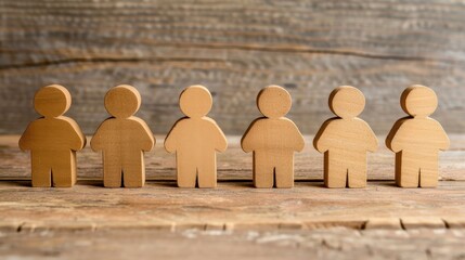 wooden people: a row of six wooden figures stand in a line on a rustic wooden background, representi