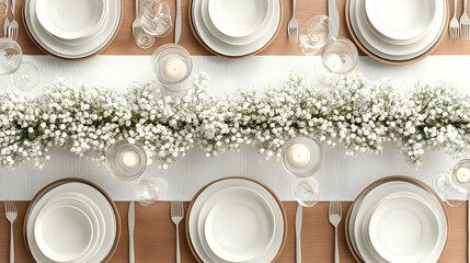 Elegant White Dinner Table Setting with White Flowers and Candles