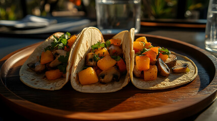 Wall Mural - Delicious Mushroom   Squash Tacos on Wooden Plate