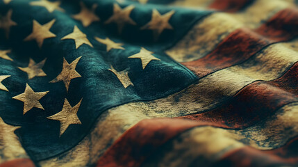 Close up of Worn American Flag with Stars and Stripes