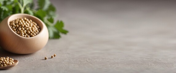 Wall Mural - Coriander Seeds in Wooden Bowl and Spoon on Grey Surface