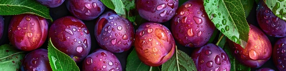 Wall Mural - Juicy plums with water droplets resting on various leaves, captured from a vertical angle. A close-up view of freshly picked ripe plums in the fall, emphasizing eco-friendly produce.