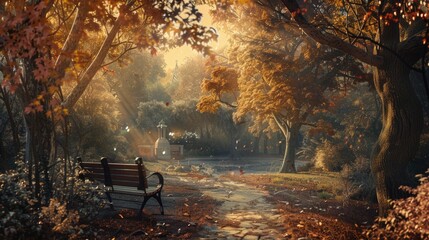 Poster - A wooden park bench sits in the middle of a lush green park, surrounded by trees and possibly used for relaxation or socializing