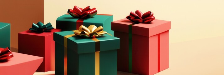 Fototapete - Colorful Christmas gift boxes with ribbons and bows are creatively arranged in geometric shapes for a minimalist holiday display. Generative AI