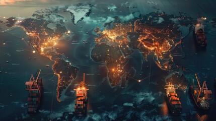 Poster - Satellite image of the world at night, showing ships and vessels in the foreground