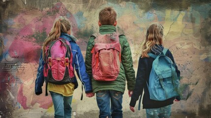 Three Children Walking Away from the Camera