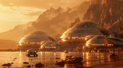 futuristic cityscape on alien planet with golden sunset