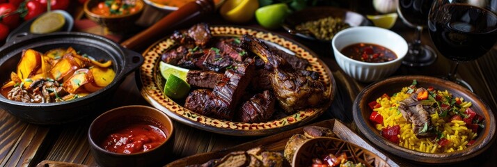 Wall Mural - Authentic Colombian dishes and drinks featuring medium rare meats