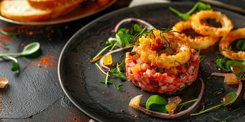 Poster - Beef tartare with crispy onion rings and toasted bread