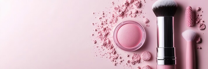 Poster - Cosmetic products are elegantly arranged on a light pink background, featuring a lipstick, makeup brushes, and a powder container. Generative AI