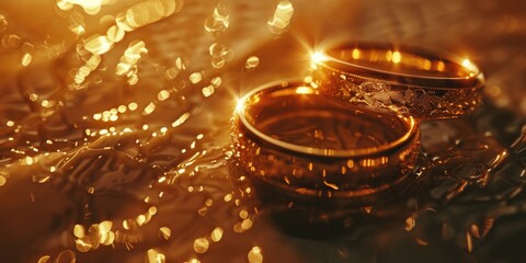 Sticker - Two gold wedding rings placed on a flat surface, ideal for editorial use such as showcasing jewelry or symbolizing love and commitment