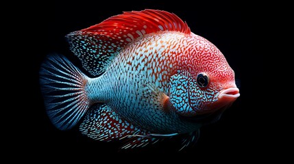 Wall Mural - Red and Blue Spotted Fish with Black Background