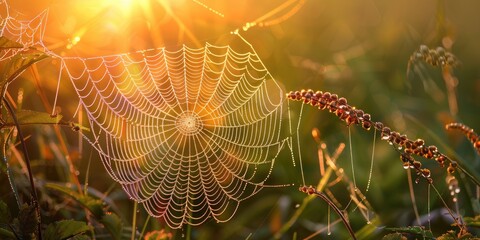 Poster - Morning dew glistening on a spider web in the rays of the rising sun