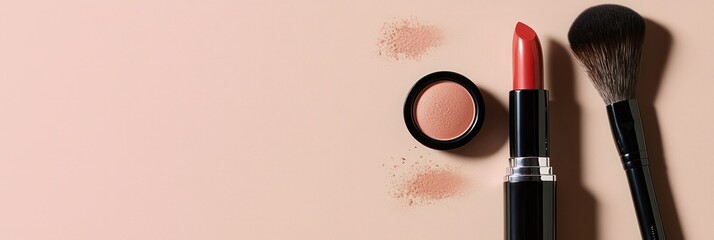Poster - A stylish setup showcases a lipstick, powder, and makeup brushes on a soft, light background, enhancing beauty essentials elegantly. Generative AI