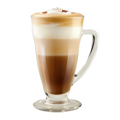 Creamy latte macchiato coffee served in tall glass cup with handle, topped with whipped cream and chocolate powder