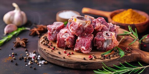 Sticker - Raw oxtail pieces and spices for cooking on a wooden board and table