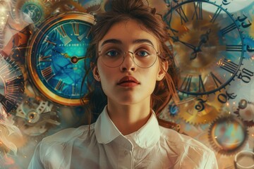 Poster - A woman wearing glasses stands in front of a clock, possibly waiting for something or checking the time