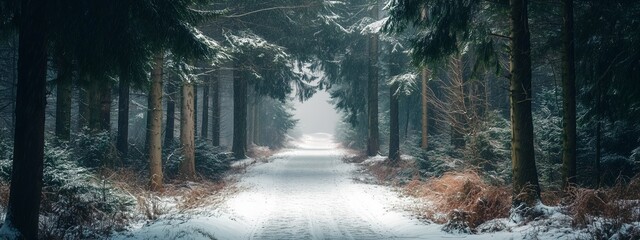 Wall Mural - A serene winter pathway through a snowy forest landscape, capturing the stillness of nature in the early morning light