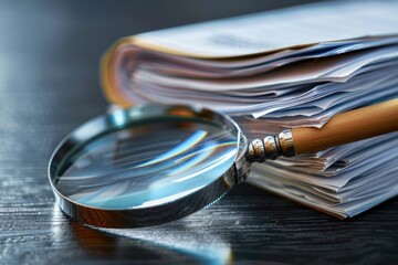 Poster - Close-up view of documents and magnifying glass on a table, ideal for illustrations or reports