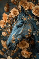Poster - A detailed view of a horse statue surrounded by colorful flowers