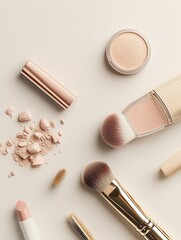 Poster - A clean and simple layout showcases essential cosmetic items like lipstick, powder, and brushes on a soft light background. Generative AI