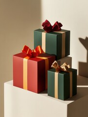 Aufkleber - Three stylishly wrapped Christmas gift boxes in bold colors sit atop a pedestal, showcasing elegant geometric designs and festive ribbons. Generative AI