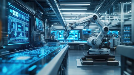 A robotic arm in an industrial factory is being used to form the production line of electronic products