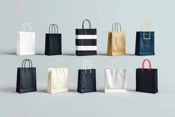 Aufkleber - A collection of differently colored paper bags lying on a gray surface, perfect for illustrating recycling or waste management concepts