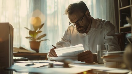 Wall Mural - A person sitting at a desk with papers and a laptop, perfect for office or study scenes