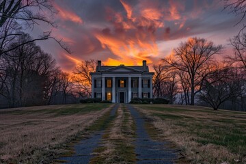 Poster - A large white house situated on top of a lush green field, perfect for use as a background image or to represent a peaceful and serene environment
