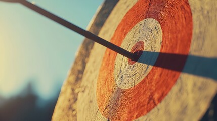 Poster - Conceptual image of a target with an arrow hitting the bullseye symbolizing achievement success and triumph  The image represents reaching a goal hitting the mark