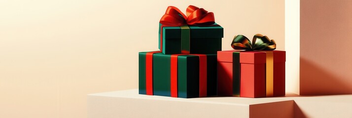 Poster - Brightly colored minimalist gift boxes with geometric designs and ribbons create a festive atmosphere in a stylish setting. Generative AI