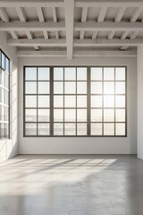 Poster - Empty room with large windows offering a view of the city below