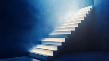 Poster - Conceptual image of a staircase made of luminous light leading upwards symbolizing success achievement and future potential  The glowing stairs represent a metaphorical pathway to growth progress
