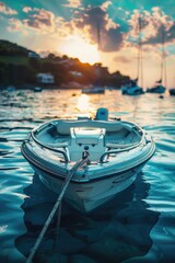Poster - A small white boat floats gently on the surface of calm water, perfect for use in travel or outdoor adventure images