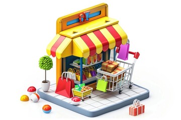 Poster - A small toy store with a shopping cart filled with toys and games