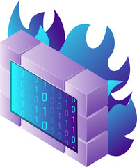 Isometric illustration web computer technology symbol digital firewall