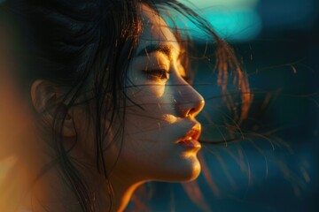 Poster - Portrait of a woman's face with her hair blowing in the wind