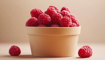 Wall Mural - Raspberry fresh fruit on brown paper bowl disposable in white ceramic table