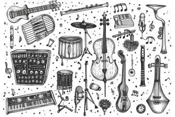 Aufkleber - Collection of various musical instruments on table