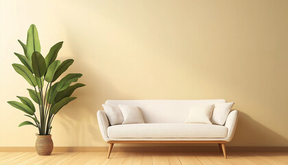 Wall Mural - Interior of modern living room with white fabric sofa over beige wall 3d rendering