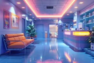 Poster - A modern hospital lobby with bright lights and comfortable seating, ideal for use in medical or healthcare contexts