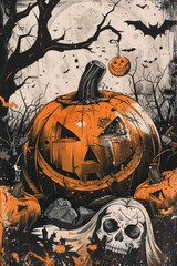 Poster - A colorful pumpkin display with a carved jack o'lantern centerpiece