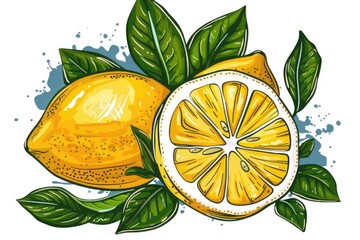 Sticker - Freshly cut lemon with leaves on a clean white surface, great for food and health illustrations