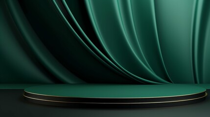 Wall Mural - This luxurious podium studio background features emerald green and cream curtains, creating a sophisticated atmosphere perfect for presentations or displays